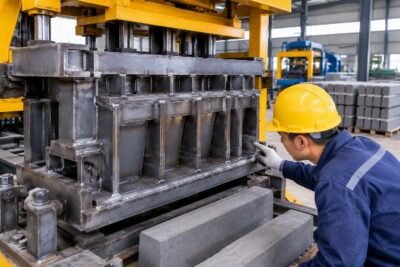 Close-up view of a heavy-duty mold assembly on a kerbstone making machine showing weld integrity and steel thickness
