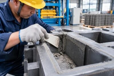 Close-up view of a worker using a non-metallic scraper to remove dried concrete from the corner of a QMY series mold cavity