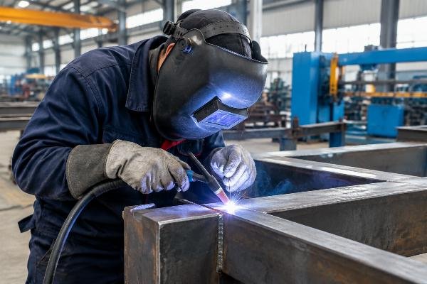 Close-up view of certified welder performing TIG welding on steel structure
