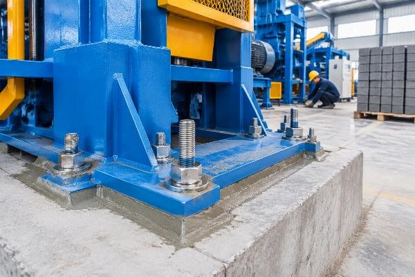 Close-up view of foundation anchor bolts showing proper grouting and plate alignment