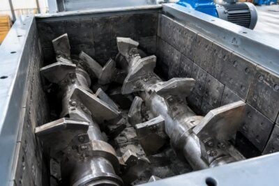 Close-up view of wear-resistant mixing blades and liner plates inside a twin shaft mixer