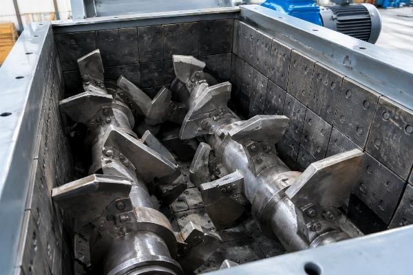 Close-up view of wear-resistant mixing blades and liner plates inside a twin shaft mixer