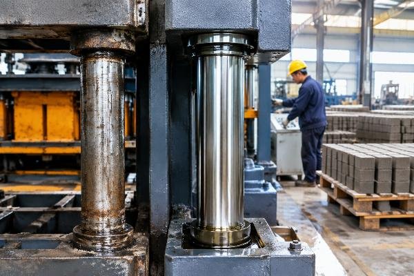 Close-up view of worn guide columns compared to properly lubricated ones, illustrating the impact of assembly precision on component longevity