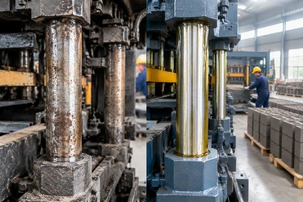 Close-up view of worn guide columns compared to properly lubricated ones, illustrating the impact of assembly precision on component longevity