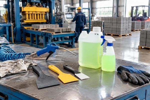 Collection of maintenance tools including non-metallic scrapers, an air gun, and bottles of biodegradable degreaser arranged on a workbench