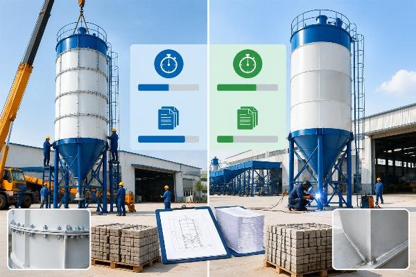 Comparison chart of assembly time and documentation requirements for bolted vs welded cement silos