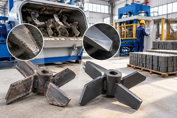Comparison of standard mixer blades showing rapid wear versus DIN-compliant hardened blades after extended use