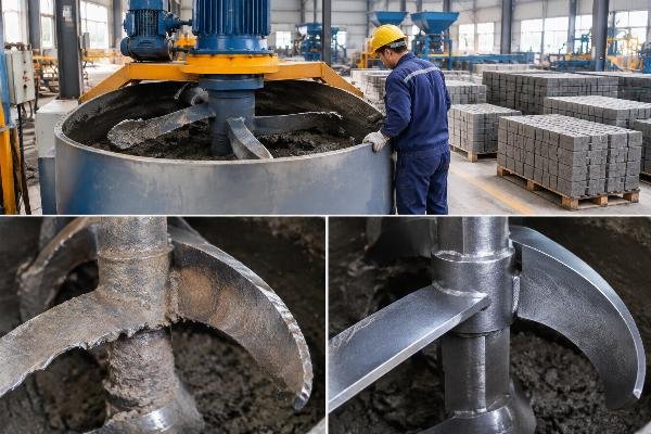 Comparison of standard mixer blades showing rapid wear versus DIN-compliant hardened blades after extended use