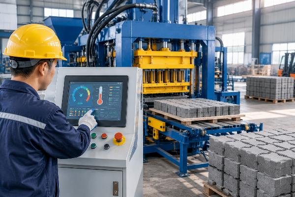 Control panel display showing hydraulic pressure and temperature readings during the commissioning phase of an interlocking block machine