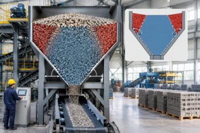 Cross-section diagram of an aggregate bin showing live vs dead volume zones based on discharge angle