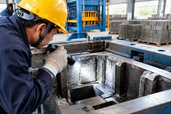 Detailed shot of a mold cavity corner being inspected for residual concrete buildup, with a flashlight illuminating the deep recesses