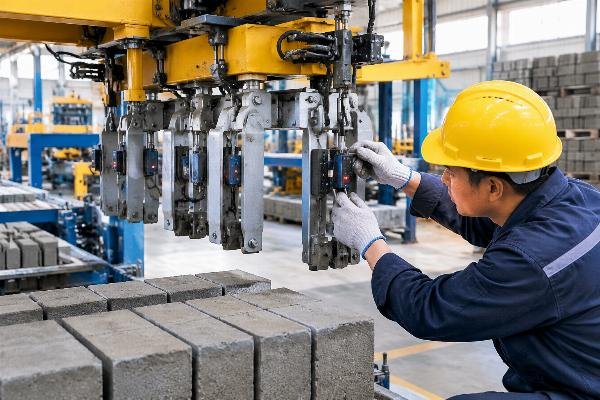 Detailed view of gripper arms and photoelectric sensors being adjusted for precise block detection and placement