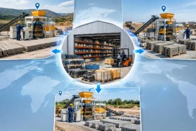 Diagram showing a centralized spare parts hub connecting three remote construction sites with curbstone machines