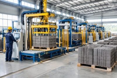Diagram showing standardized compressed earth block palletizer units aligned with consistent HS codes for smooth multi-site logistics