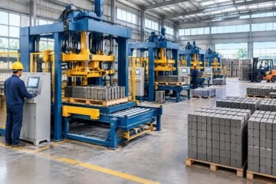 Diagram showing standardized compressed earth block palletizer units aligned with consistent HS codes for smooth multi-site logistics