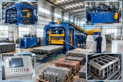 Diagram showing the four main categories of paver block machine components: Structural Frame, Hydraulic Power Unit, PLC Control System, and Forming Moulds