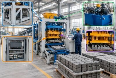 Diagram showing the four main categories of paver block machine components: Structural Frame, Hydraulic Power Unit, PLC Control System, and Forming Moulds