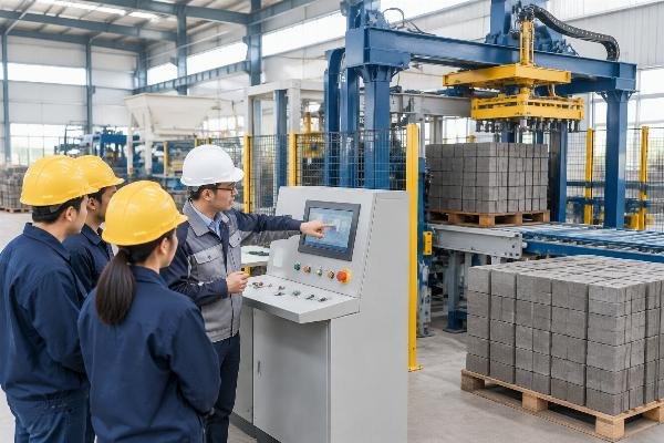 Engineer conducting standardized operator training on a PLC-controlled block palletizer