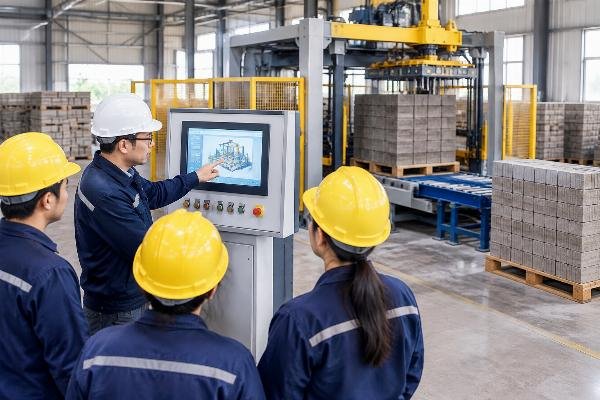 Engineer conducting standardized operator training on a PLC-controlled block palletizer