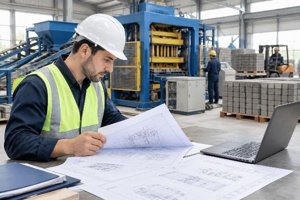 Engineer reviewing CE technical documentation and structural drawings