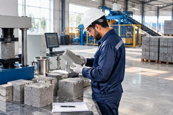 Engineer testing concrete block samples against SASO standards in a field laboratory
