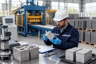 Engineer testing concrete block samples against SASO standards in a field laboratory