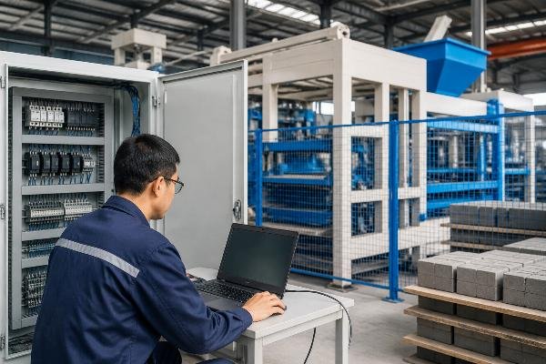 Engineer using a laptop to perform remote PLC diagnostics on a control panel of a block making machine