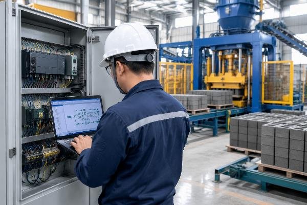 Engineer using a laptop to perform remote PLC diagnostics on a control panel of a block making machine