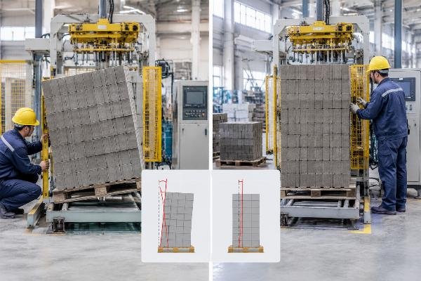 Graph showing stack tilt angle measurements before and after professional calibration of the palletizer