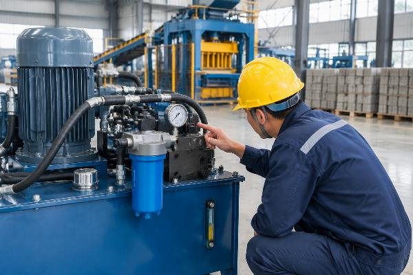 Hydraulic power unit with pressure gauge and filter housing being inspected by a technician