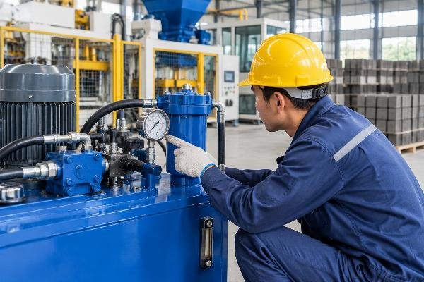 Hydraulic power unit with pressure gauge and filter housing being inspected by a technician