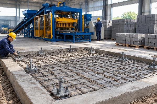 Illustration of a properly prepared concrete foundation with embedded anchor bolts and rebar mesh for an interlocking block machine