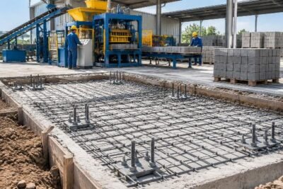 Illustration of a properly prepared concrete foundation with embedded anchor bolts and rebar mesh for an interlocking block machine