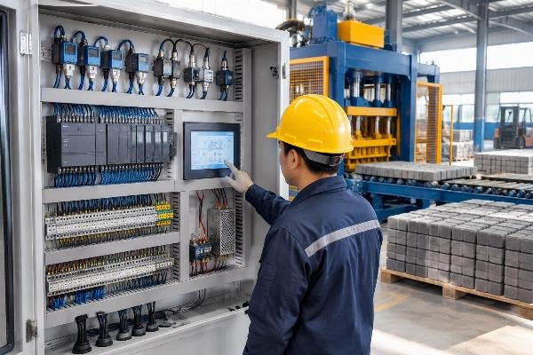 Image of a PLC control panel with labeled sensors, wiring terminals, and display screen on a paver block machine