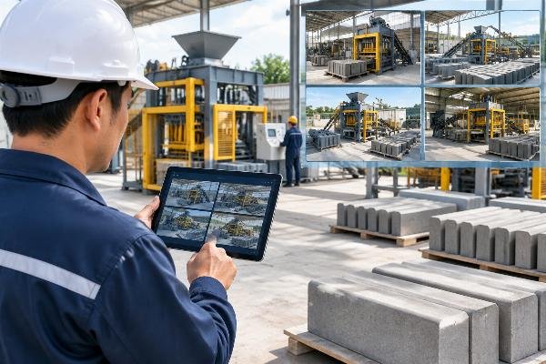 Image of a technician using a tablet to monitor real-time data from multiple curbstone machines at different sites