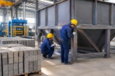 Inspection of welded joints on a large steel aggregate bin prior to shipping