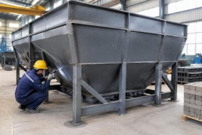 Inspection of welded joints on a large steel aggregate bin prior to shipping