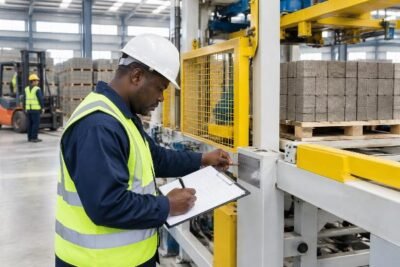 Inspection officer verifying nameplate details against SONCAP documentation for a block palletizer