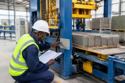 Inspection officer verifying nameplate details against SONCAP documentation for a block palletizer