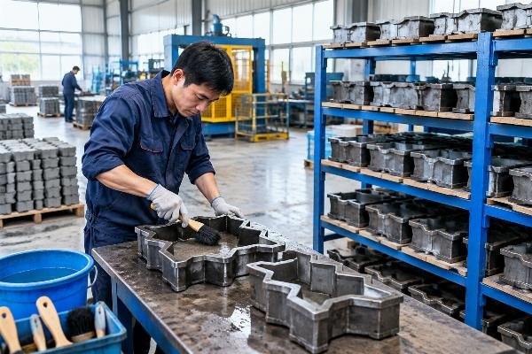 Interlocking paver molds being cleaned with soft brushes and stored on dedicated racks in a workshop