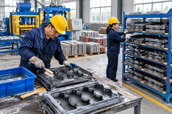 Interlocking paver molds being cleaned with soft brushes and stored on dedicated racks in a workshop