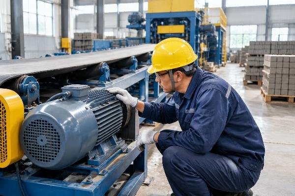 Maintenance technician inspecting motor cooling fins and alignment on a belt conveyor