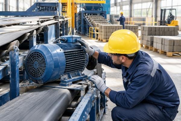 Maintenance technician inspecting motor cooling fins and alignment on a belt conveyor