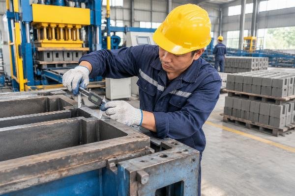 Measurement of mold liner wear using digital calipers on a concrete block mold