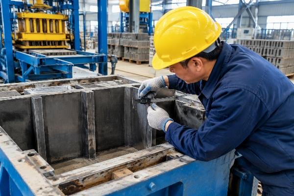 Measurement of mold liner wear using digital calipers on a concrete block mold