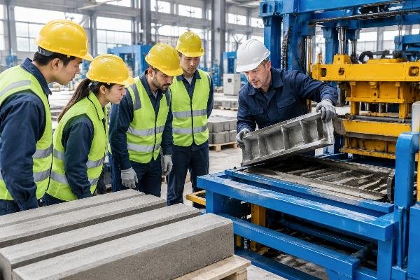 Photo of a group of operators receiving hands-on training on a curbstone machine with a trainer demonstrating proper mold handling