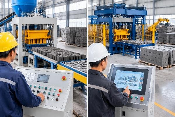 Side-by-side comparison of operator interfaces on standardized vs. customized block production lines