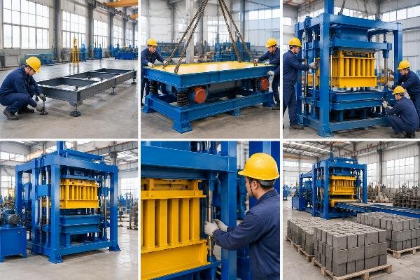 Step-by-step visual guide showing the mechanical assembly sequence: frame leveling, vibration table mounting, and mold box alignment
