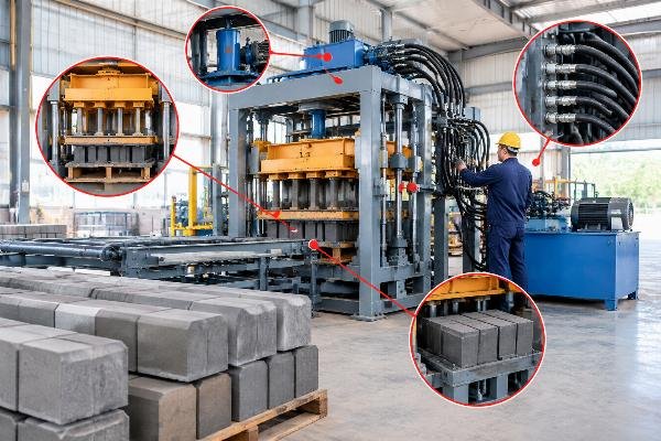 Technical diagram highlighting key inspection points on a kerbstone machine including mold assembly and hydraulic lines