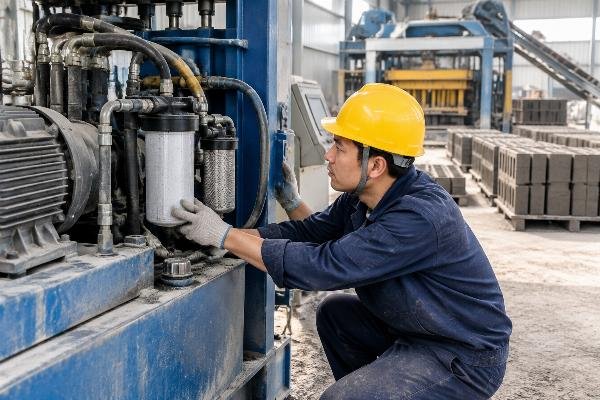 Technician performing daily hydraulic filter inspection on a block making machine in a dusty production environment